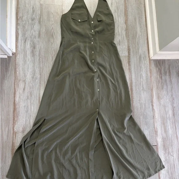 L'AGENCE Olive Green Halter Silk Button-Front Maxi Dress - Picture 4 of 4